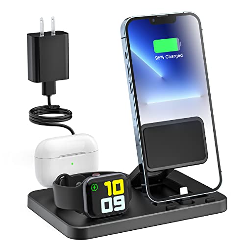 MODOCH 3 in 1 Charging Station for Apple Multiple Devices, Foldable and Portable Travel Charging Dock Compatible with iPhone Airpods Apple Watch Charger Stand with Adapter (Black)