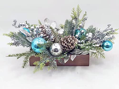 Christmas Centerpiece Decorated with Ornaments Pinecone (Blue/Teal/Silver)