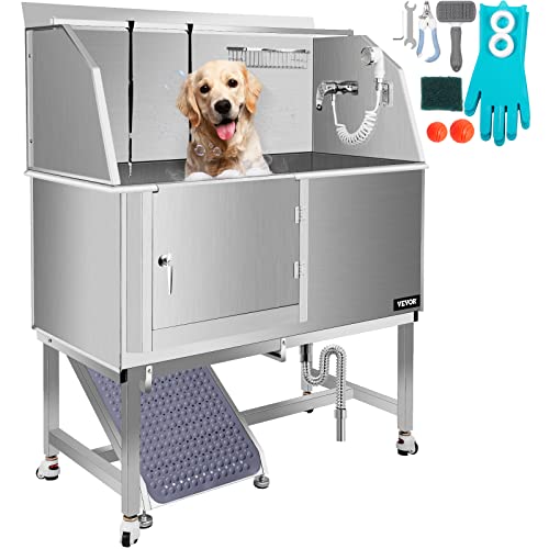 VEVOR Dog Grooming Tub, 50″ L Pet Wash Station, Professional Stainless Steel Pet Grooming Tub Rated 330LBS Load Capacity, Non-Skid Dog Washing Station Comes with Ramp, Faucet, Sprayer and Drain Kit