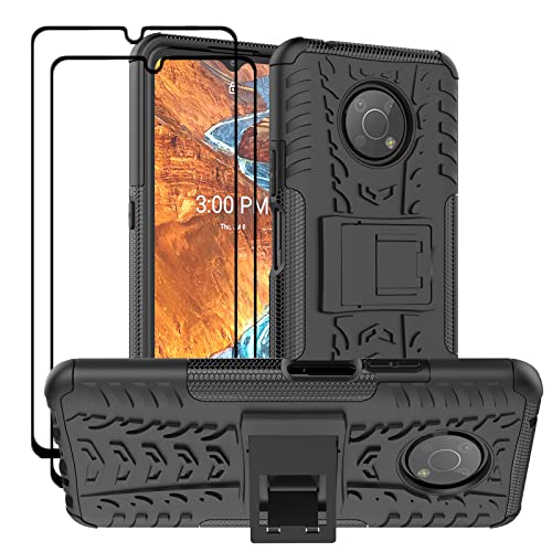 FLYME for Nokia G300 case with Tempered Glass Screen Protector(2 Pack), Heavy Duty Shockproof Anti-Scratch Non-Slip Hybrid Defender Armor Dual Layer Kickstand Phone Case Cover,Black
