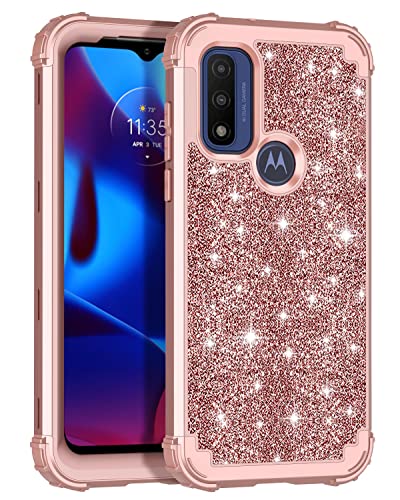 LONTECT for Moto G Power 2022 Case, Moto G Pure 2021 Case Glitter Sparkly Bling Shockproof Heavy Duty Hybrid Sturdy High Impact Protective Cover Case for Motorola Moto G Power 2022, Shiny Rose Gold