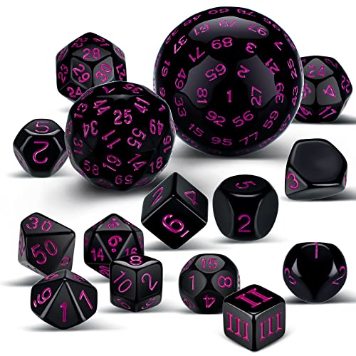 15 Pieces Complete Polyhedral Dice Set D3-D100 Spherical RPG Dice Set in Opaque Black, 100 Sides Dice Set for Role Playing Table Games Party Supplies(Black and Purple)