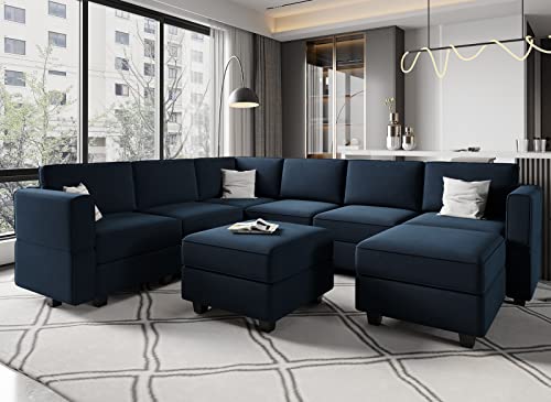 Belffin Modular Velvet Sectional Sofa with Storage Seat Oversized U Shaped Couch with Reversible Chaise Sofa Set with Ottoman Blue