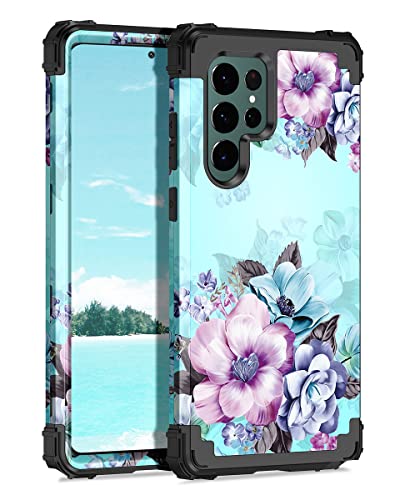Casetego Compatible with Galaxy S22 Ultra 5G Case,Floral Three Layer Heavy Duty Sturdy Shockproof Full Body Protective Cover Case for Samsung Galaxy S22 Ultra 5G,Blue Flower