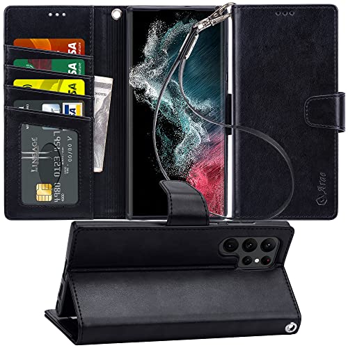 Arae Case for Samsung Galaxy S22 Ultra 5G PU Leather Wallet Case Cover [Stand Feature] with Wrist Strap and [4-Slots] ID&Credit Cards Pocket for Samsung Galaxy S22 Ultra 5G 6.8 inch(Black)