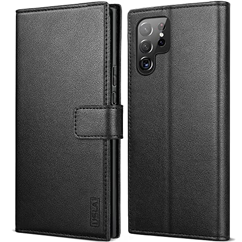 USLAI Wallet Series for Samsung Galaxy S22 Ultra Case, Premium Leather Flip Case with Card Holder Slots Kickstand Shockproof Protective Phone Case for Samsung S22 Ultra – Black
