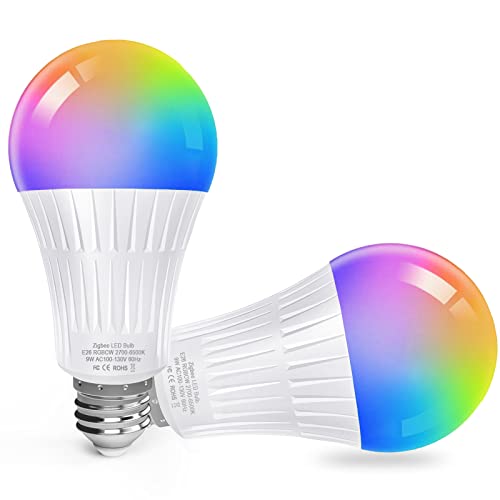 Seedan Zigbee Smart Light Bulbs, Color Changing Light Bulb, 9W 806LM, Smart Bulb Compatible with Amazon Alexa and Samsung SmartThings Hub, Hub Required, E26 Dimmable LED Bulb, 2 Pack