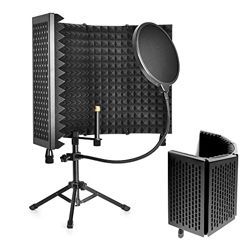Microphone Isolation Shield | Foldable Mic Shield with Desktop Tripod and Pop Filter | Triple Sound Insulation Reflection Filter for Recording Studio, Podcasts, Singing, and Broadcasting