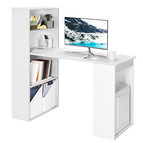 Tangkula White Computer Desk with Bookshelf, Writing Study Desk with Storage Shelves & CPU Stand, Modern Compact Computer Workstation for Home & Office, Space-Saving Design