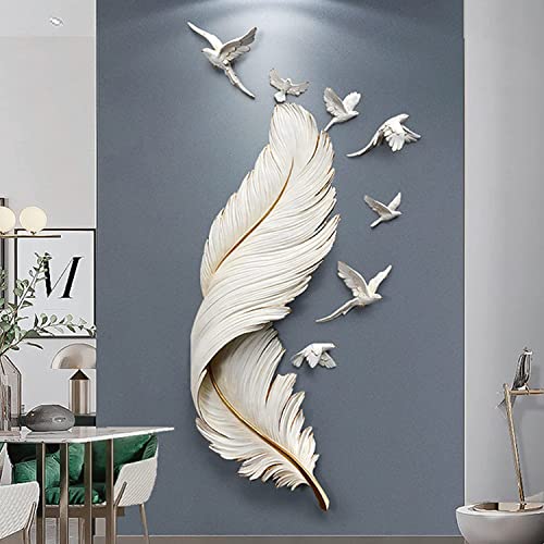 SUN RDPP Large Feather Wall Decor, Luxury Elegant Feather Wall Art Metal Wings Decor with 7 Flying Birds Wall Sculpture, Large Feather Wall Art Decor for Living Room Bedroom Entryway ,White…