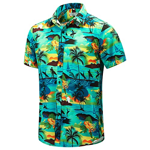 ENVMENST Hawaiian Shirt for Men Short Sleeve Floral Beach Shirt Summer Casual Aloha Shirts(Sunset-Green,L)