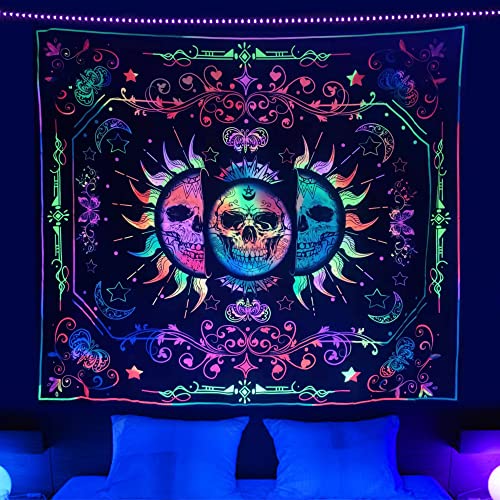 Tapestry Blacklight Tapestry Sun and Moon Tapestry UV Reactive Skull Tapestries Tirppy Wall Hanging psychedelic Black light Skeleton Tapestry for bedroom aesthetics Party Decor Poster 60×51 inch