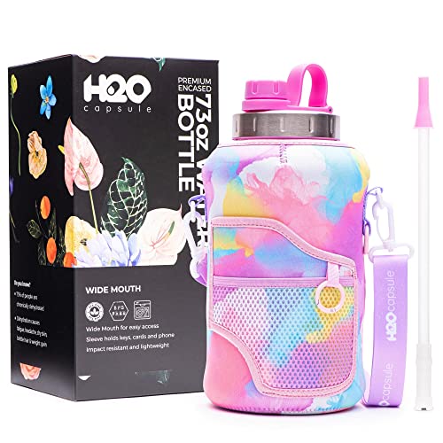 H2O Capsule 2.2L Half Gallon Wide Mouth Water Bottle with Storage Sleeve and Removable Straw – Hydration Tracker Jug with Measurements Marked – Shatterproof BPA-Free, Purple TieDye