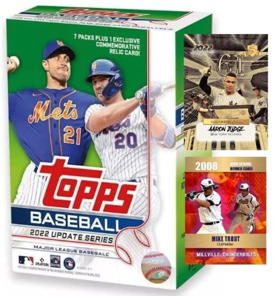 BRAND NEW 2022 Topps UPDATE Series Baseball Card Box w/1 RELIC Card Per Box – Factory Sealed – 98 CARDS! – Plus Bonus Novelty Mike Trout and Aaron Judge Custom Made Cards Shown