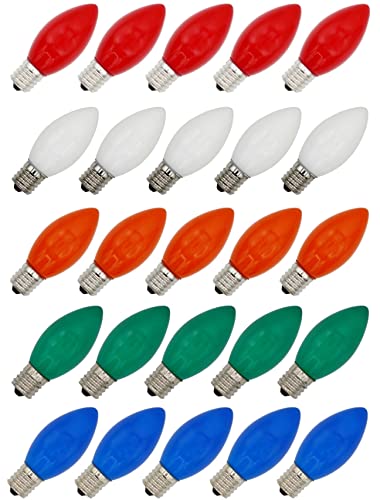 25 Pack C9 Multicolor Christmas Replacement Light Bulbs – Steady Burning – Ceramic Multicolor – 7 Watt, Extended Life, Nickel Plated E17 Base – Great for Christmas Lights, Decorative Lights