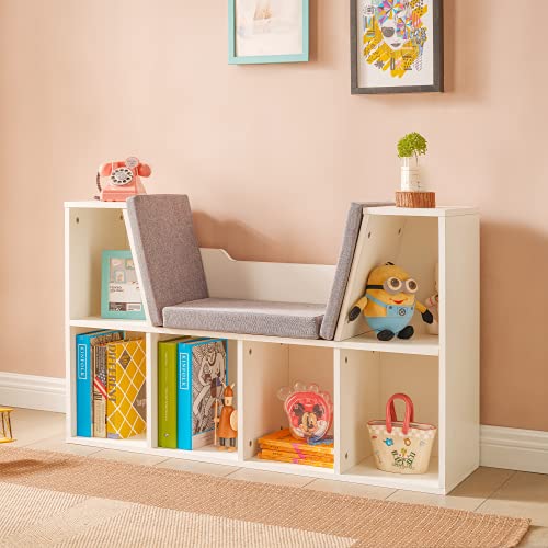 Cozy Castle White Kids Bookshelf with Storage Shelves and Reading Nook, Wood Bookcase with Thick Board and Cushioned Seat, 6 Cube Kids Storage Organizer, Gift for Ages 3+