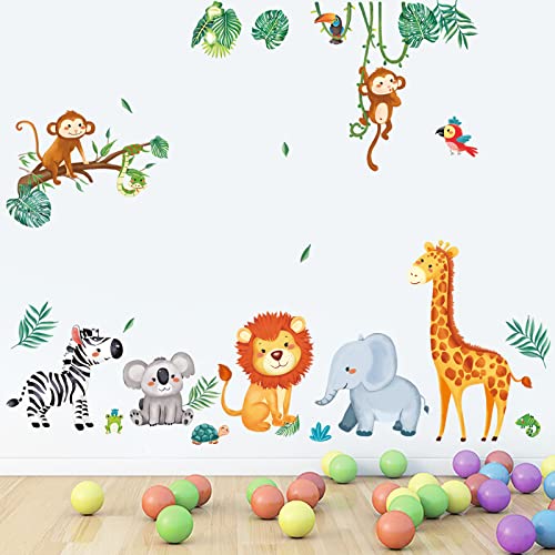 decalmile Jungle Animals Wall Decals Monkey Giraffe Elephant Wall Stickers Baby Nursery Kids Room Living Room Wall Decor
