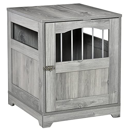 PawHut Furniture Style Dog Crate, Wooden End Table Pet Kennel with Lockable Door for Small Medium Dog Indoor Puppy Cage, Grey