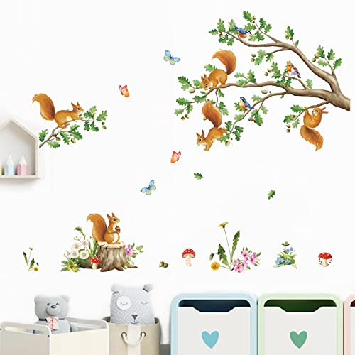 decalmile Summer Forest Animals Wall Stickers Trees Branches Spring Squirrels Animals Wall Decals Baby Nursery Kids Bedroom Daycare Wall Decor