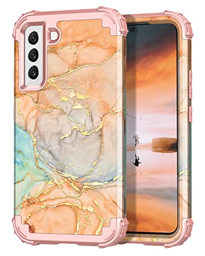 Hekodonk for Galaxy S22 Case, Heavy Duty Shockproof Protection Hard Plastic+Silicone Rubber Hybrid Protective Case for Samsung Galaxy S22 Marble Orange Blue