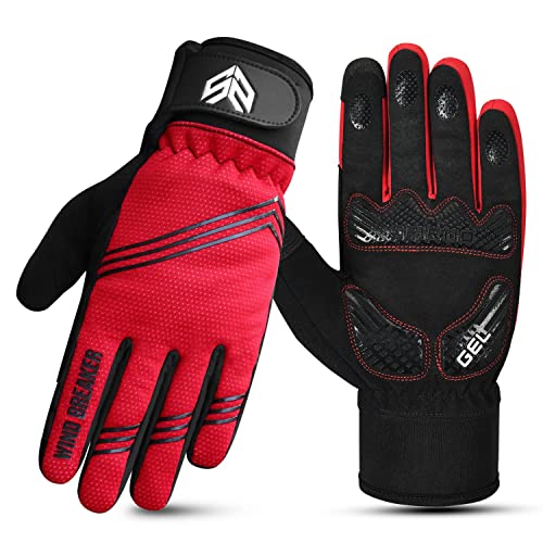 Spirito Full Finger Cycling Gloves for Men Winter with Touchscreen Fingers, Windproof, Anti- Shocking Gel Padded Palms 3M Thinsulate Lined (Medium, Red)…