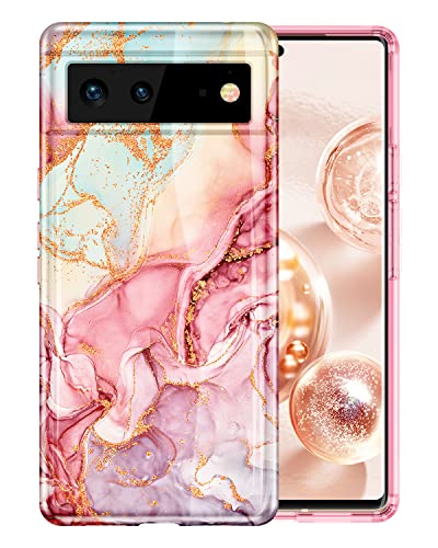 Btscase for Google Pixel 6 Case, Gold Glitter Bling Marble Pattern Hard PC Slim Fit Shockproof Full Body Rugged Drop Protective Women Girls Cover Cute Case for Google Pixel 6 (2021), Rose Gold