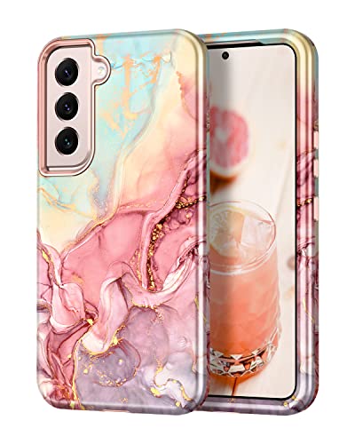 Btscase for Samsung Galaxy S22+/S22 Plus 5G Case, Marble Pattern 3 in 1 Heavy Duty Shockproof Full Body Rugged Hard PC+Soft Silicone Drop Protective Women Girl Covers for S22+/S22 Plus, Rose Gold