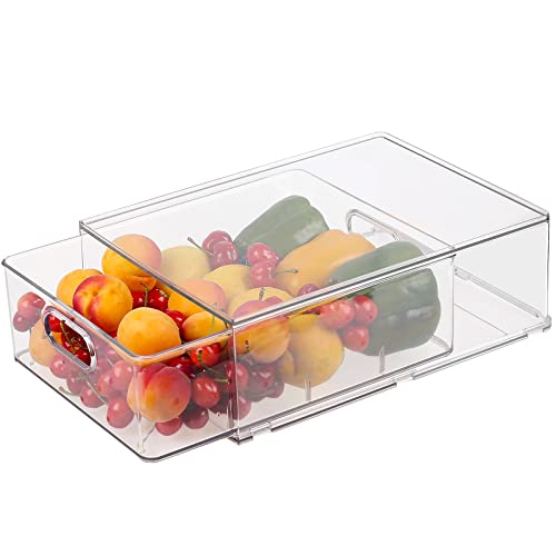 Stackable Refrigerator Organizer Bins with Pull-out Drawer,Clear Fridge Drawer Organizer with Handle,Plastic Food Container Set for Kitchen organizer