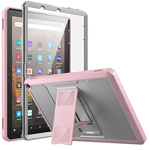 MoKo Case Fits All-New Kindle Fire HD 10 & 10 Plus Tablet (11th Generation, 2021 Release) 10.1″, Full Body Rugged Hands-Free Viewing Stand Back Cover with Screen Protector, Gray&Pink