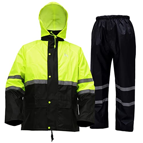 HAOKAISEN High Visibility Reflective Safety Jacket, Rain suit for Men Lightweight Rain Gear, Waterproof Rain Jacket with Pants(Yellow Large)