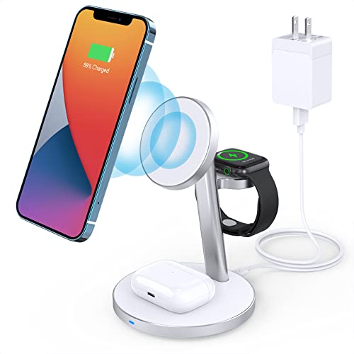 3-in-1 Magnetic Wireless Charger Stand, 18W Aluminum Alloy MagSafe Charging Station for iPhone 14 Pro/14 Pro Max /14/13/12 Series, AirPods 3/Pro/2, iWatch 8/7/ 6/SE/5/4/3/2 (with QC 3.0 Adapter)
