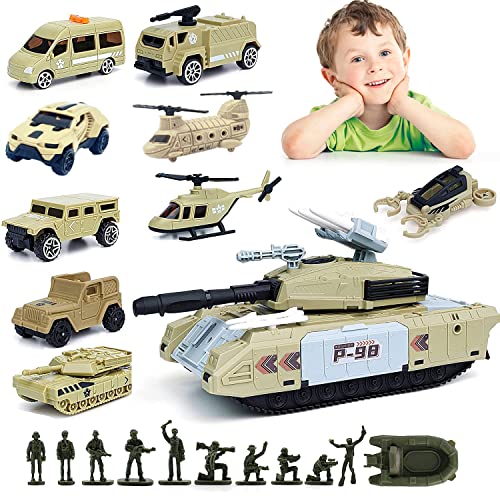 SUORFOXS Tank Toy Sets, Military Transport Tank and 6 Pcs Army Vehicles, Tank & Vehicle Playset with 3 Pcs Aircraft Model Birthday (Tank)