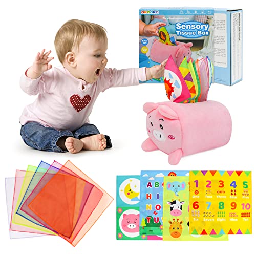 OKOOKO Tissue Box Toy for Baby Piggy Design 10 Tissues Strengthen Pincer Grasp Washable Non-Toxic Montessori Sensory Toy Educational Preschool Learning Toy for Baby Infant Toddler Kid