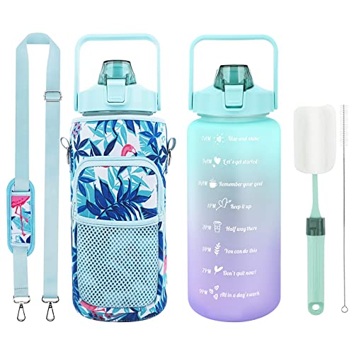 CJJJGLDS Half Gallon Water Bottle with Sleeve 64 OZ Water Bottle with Straw and Time Marker to Drink, LeakProof BPA Free Big Water Jug for Women Men Workout Gym Sport