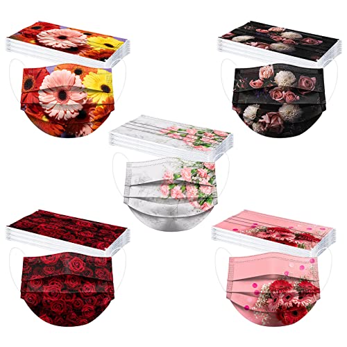 50PCS Floral Printed Disposable Face_Masks 3 Ply Breathable Protective Masks with Spring Summer Flower Design for Adults