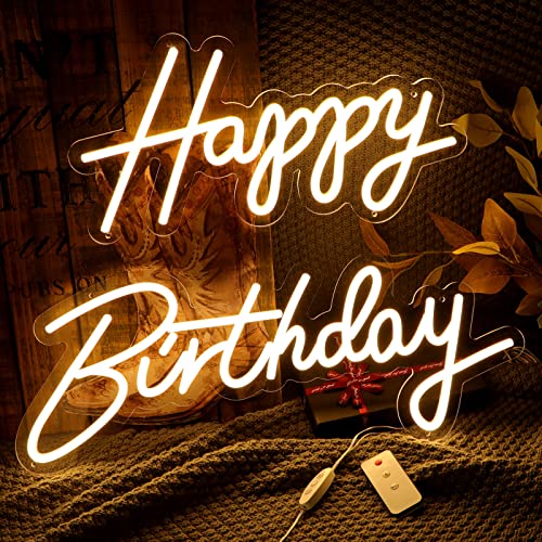 ATOLS Large Happy Birthday Neon Sign with 7 Modes Lighting Effects & 3 Levels Adjustable Brightness, Reusable Neon Light Sign with Dimmable Switch & Remote Control for Birthday Party Decoration, Size-16.5x8inch & 23 X 8inch (Warm White)