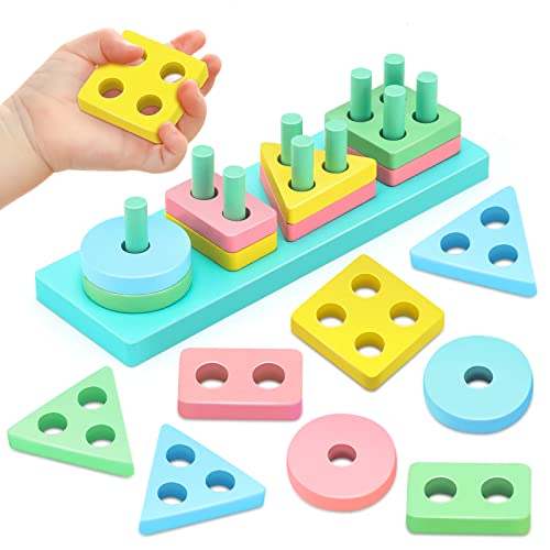 LinseyFun Wooden Stacking Sorting Toys for Toddlers 1-3, Wood Baby Stacking Blocks, Montessori Toys for 1 2 Year Old Boys Girls