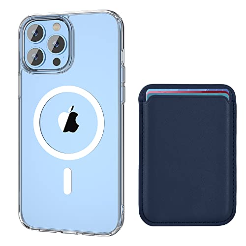 Kimguard [2 in 1] Magnetic Clear for iPhone 13 Pro Max Case [1x Magnetic Blue Leather Wallet Card Holder] [Yellow Resistant & MIL-Grade Drop Tested] Compatible with MagSafe Slim Cover 6.7 Inch