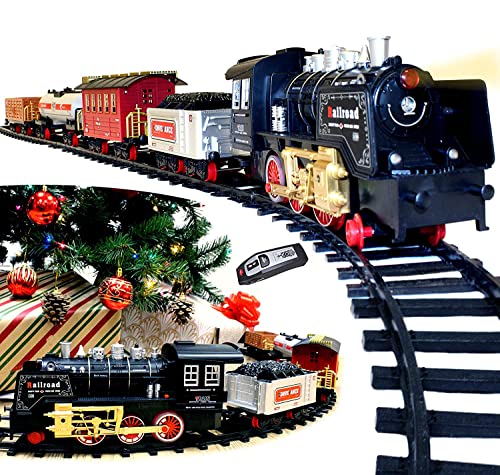 JOYIN Christmas Train Toy, Electric Train Set for Around Christmas Tree with Lights, Realistic Sounds and Remote Control, Railway Kits Cargo Cars & Tracks, Xmas Tree Decor, Gifts for Kids Boys Girls