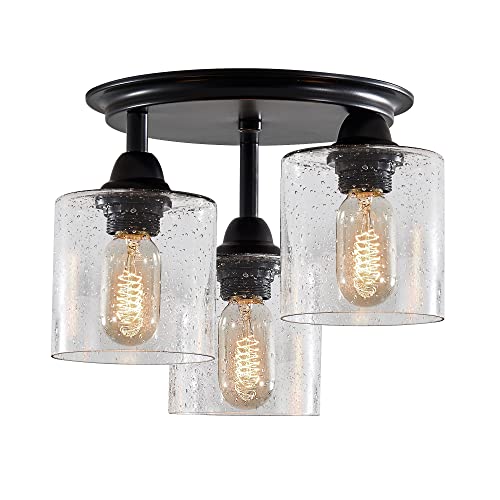 LEDIARY Semi Flush Mount Ceiling Light, 3-Light Industrial Black Matte Light Fixtures Ceiling Mount, Hallway Light Fixtures with Clear Seeded Glass Shades for Kitchen, Entryway, Bedroom, Foyer