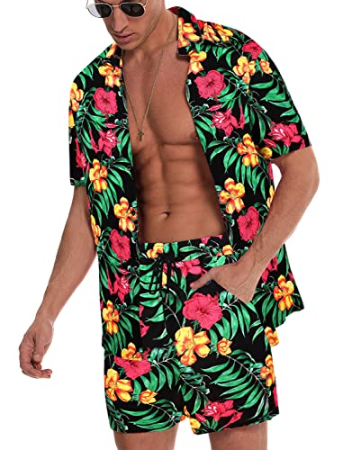 EISHOPEER Men’s Hawaiian Short Sleeve Shirt Suits Casual Button Down Beach Floral Sets Black L