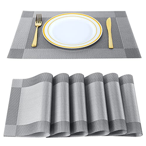 FGSAEOR Placemats,Table Place Mats for Kitchen Dining, Heat-Resistant Anti-Skid Stain Washable PVC Table Mats, Easy to Cleaning Woven Vinyl Dinner Mats (Dark Silver, 6 Pack)