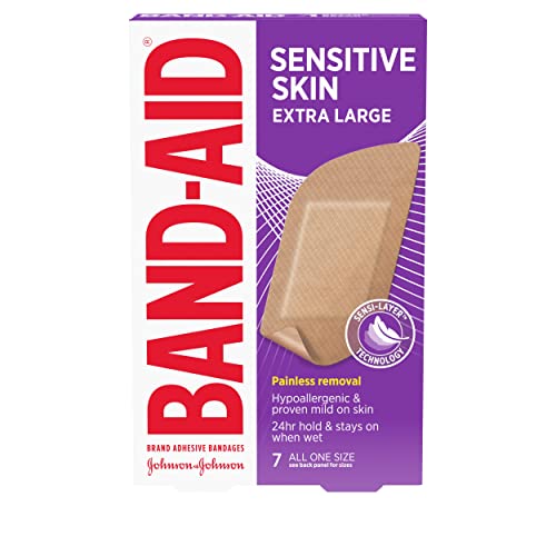 Band-Aid Brand Adhesive Bandages for Sensitive Skin, Hypoallergenic Bandages with Painless Removal, Stays on When Wet and Suitable for Eczema Prone Skin, Sterile, Extra Large Size, 7 ct