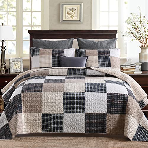 PERHOM Quilt Queen Size, 100% Cotton Lightweight Bedspread, Brown Real-Patchwork Plaid Queen Quilt, All Season Soft Ultralight Breathable Queen Comforter Set for Hot Sleepers, 3-Pieces Bedding Sets
