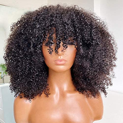LUFFYWIG Afro Kinky Curly Wig With Bangs Scalp Top Wig 200 Density Full Machine Made Virgin Brazilian Short Curly Human Hair Wigs Natural Color (24 Inch)