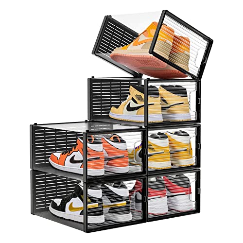 WALL QMER Clear Shoe Boxes, For AJ Shoes US Sizes ≤ 10, 6 Pack, Stackable, Crystal Clear Shoe Storage, Easy to Assemble, Sturdy, Versatile Shoe Organizer
