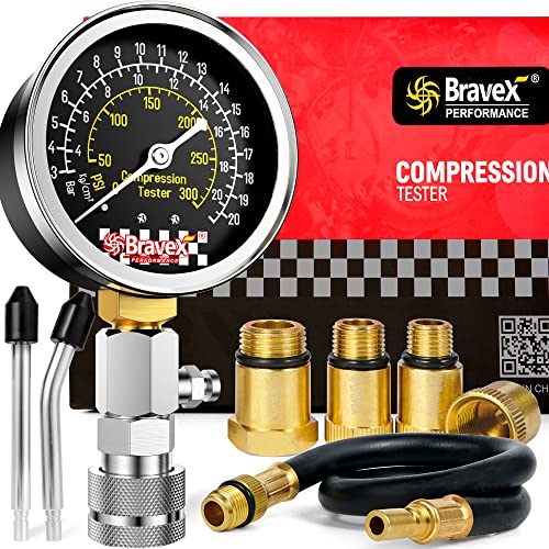 Compression Tester Automotive – 8PCS Small Engine Compression Tester, Cylinder Compression Test Kit with Brass Adapters and Rigid Hoses, Compression Gauge for Petrol Engine Motorcycle