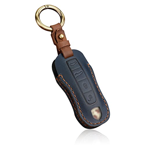 HIBEYO Smart Key Fob Case Leather Full Protection Cover Compatible with Porsche 911 Cayenne Macan Panamera Taycan 3 4 Button Keyless Entry Remote Shell Accessories-(4 Button Blue)