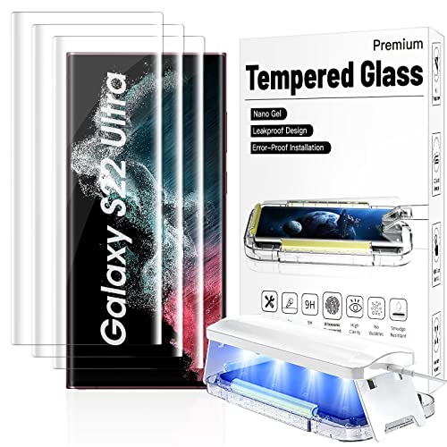 3 Pack Ultra Glass Screen Protector for Samsung Galaxy S22 Ultra Tempered Glass Shield Full HD 3D Curved Edge 100% Ultrasonic Fingerprint Unlocking Protector Easy Install Kit for Galaxy S22 Ultra