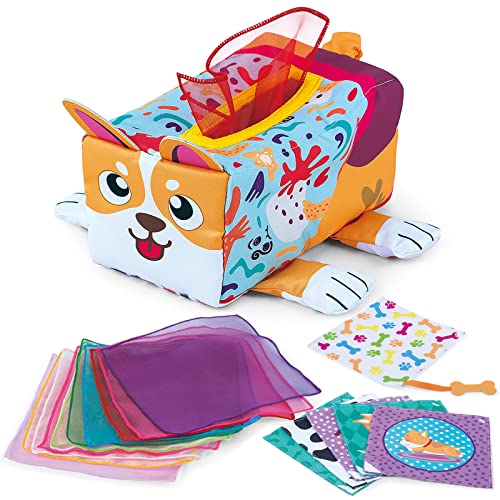 Adpartner Baby Tissue Box Toy, Educational Sensory Baby Toys for 6-12 Months Babies, Soft Fabric Tissue Box with Crinkle Cards and Colorful Silk Scarves for Toddlers Kids Preschool Learning
